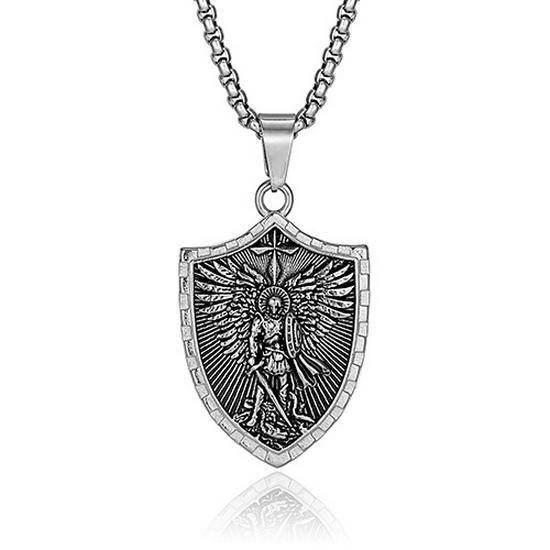 Saint Michael Archangel Stainless Steel Pendant Men's Necklace - Warrior Angel with Sword and Shield