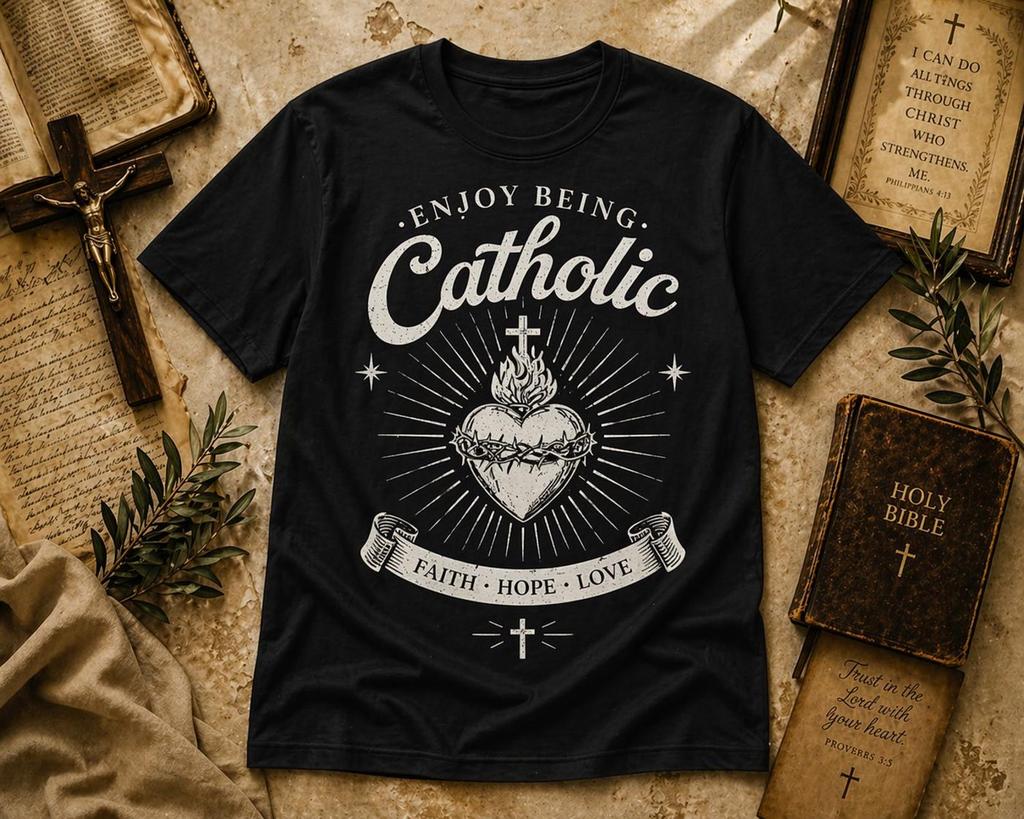 Enjoy Being Catholic Vintage Tee – Sacred Heart Faith Shirt