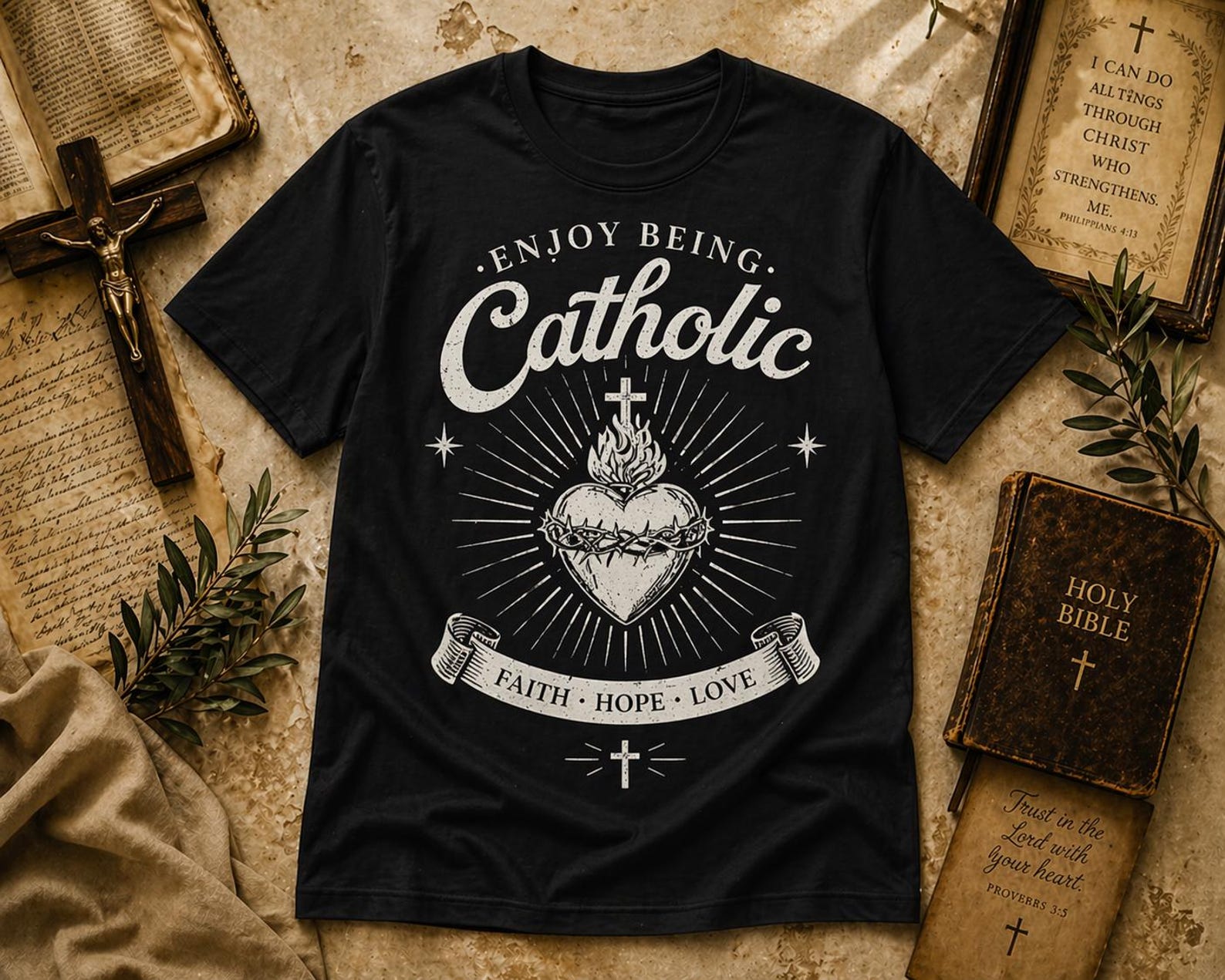 Enjoy Being Catholic Vintage Tee – Sacred Heart Faith Shirt 3XL