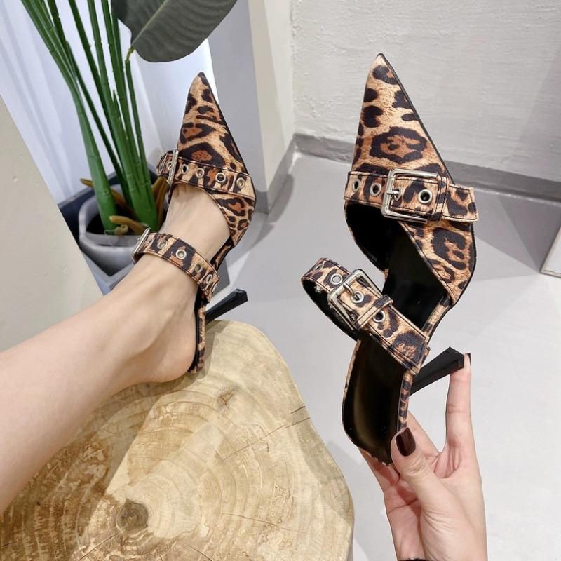 Nuova Moda Fibbia Cintura Motivo Leopardo Tacchi Alti a Spillo, Pantofole Baotou Argento Europee e Americane, da Donna