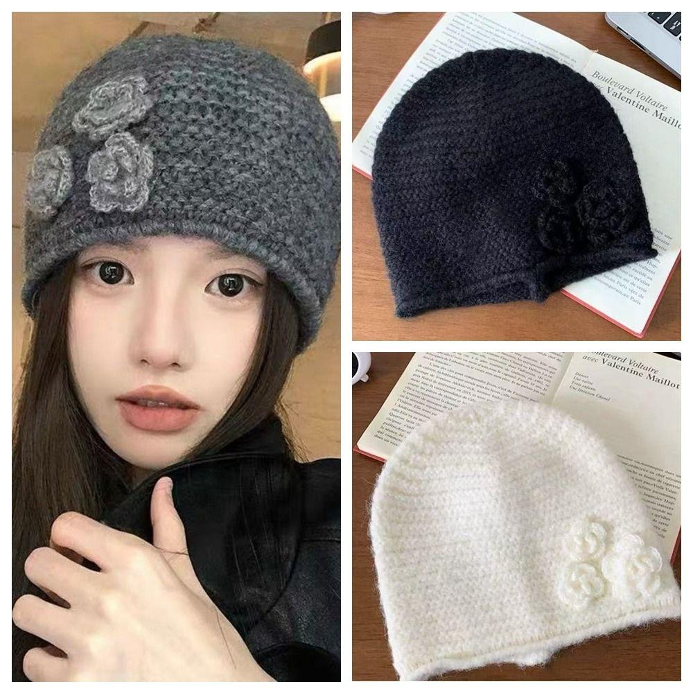 Solid Color Knitted Woolen Hat Elastic Flower Beanie Hat Sweet Winter Warm Hat  Women