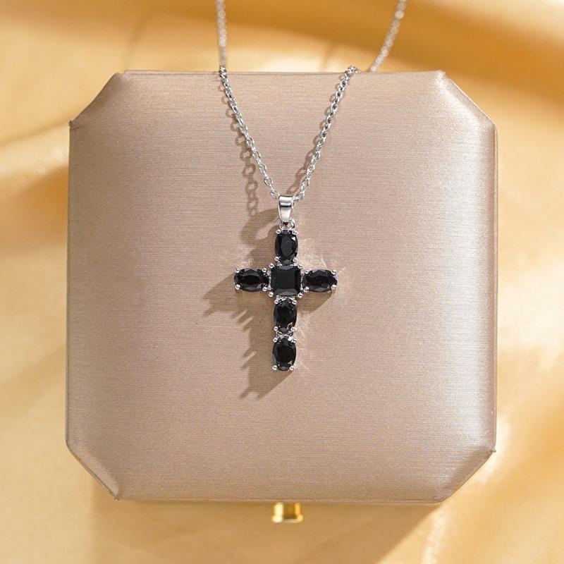 Gold Plated Zircon Cross Pendant Titanium Steel Clavicle Necklace For Women