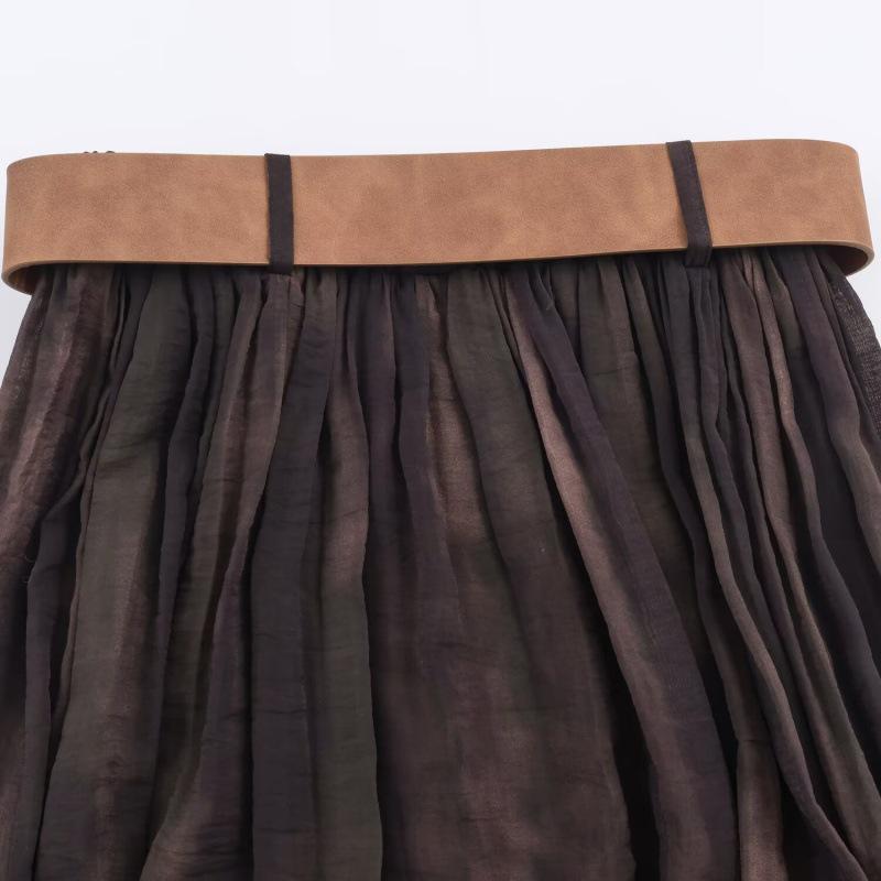 European & American Style Women's Suede Effect Pleated Midi Skirt with Belt - High Waist Skirt, 2025 Collection