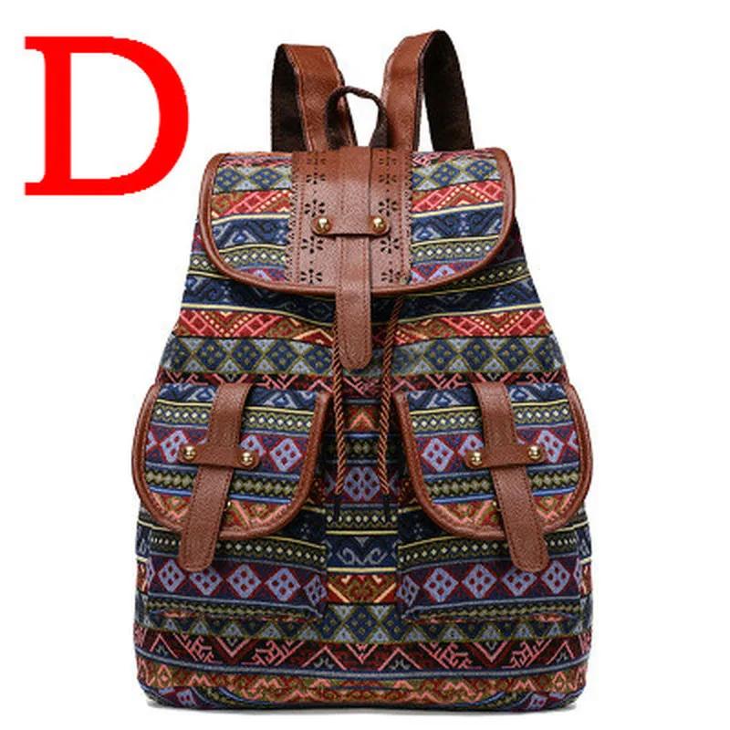 

2024 Женский холщовый винтажный рюкзак, этнические вязаные рюкзаки, рюкзаки с принтом, дорожный рюкзак, школьная сумка D