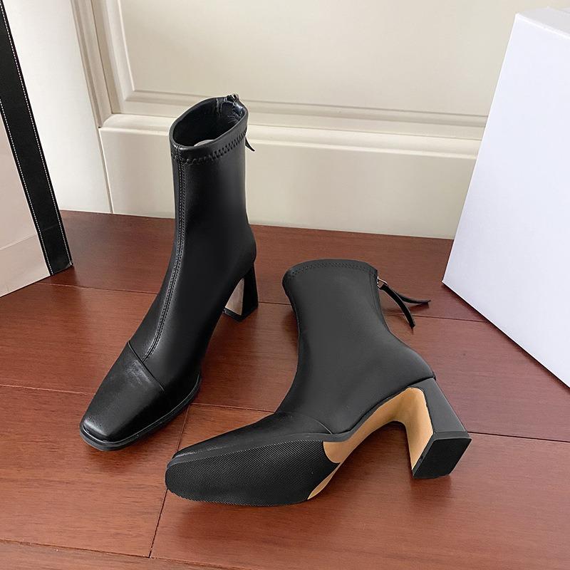 New black high-heeled thin boots women's thick-heeled elastic boots autumn and winter soft leather retro square head short boots