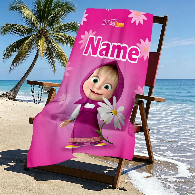 Asciugamano da Spiaggia Personalizzato con Nome Masha e Orso, per Viaggio Campeggio Festa in Spiaggia Decorazione Casa, Regalo di Compleanno per Famiglia e Amici