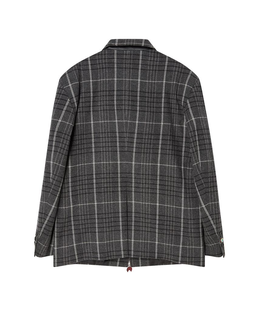 Beyond Closet [Collection Line] Vintage Detail Wool Check Riding Jacket Grey