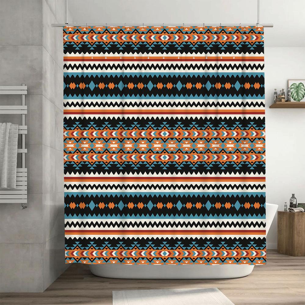 Tribal Pattern Shower Curtain Waterproof Bathroom Decor for Home Decoration Multicolor Geometric Design with Blue, Orange Black