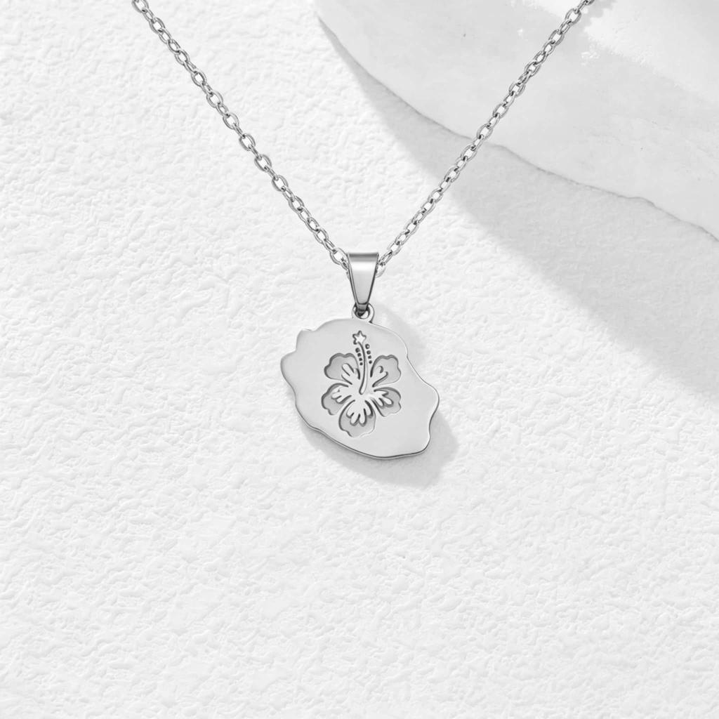 Reunion Map Outline Necklace Hibiscus Guadeloupe Martinique Pendant Necklaces Stainless Steel Guyane Map Necklace For Women