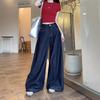 Women's Dark Blue Wide-Leg Jeans: Retro Floor-Length Loose Straight-Leg Pants for Spring/Summer 2024