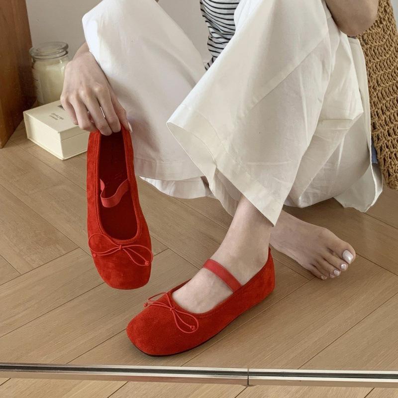 Spring and Summer Yellow Square Head Small Single Shoes Thick Soft Sole Women's Shoes New Bow Mary Jane Shoes Ballet Shoes