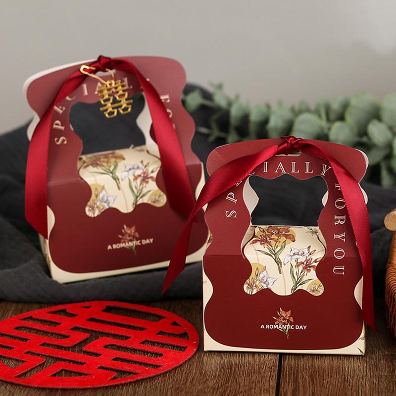 10Pcs Packaging Bags Handheld Souvenir Boxes Wedding Candy Box Portable Silk Ribbon Foldable Paper Birthday