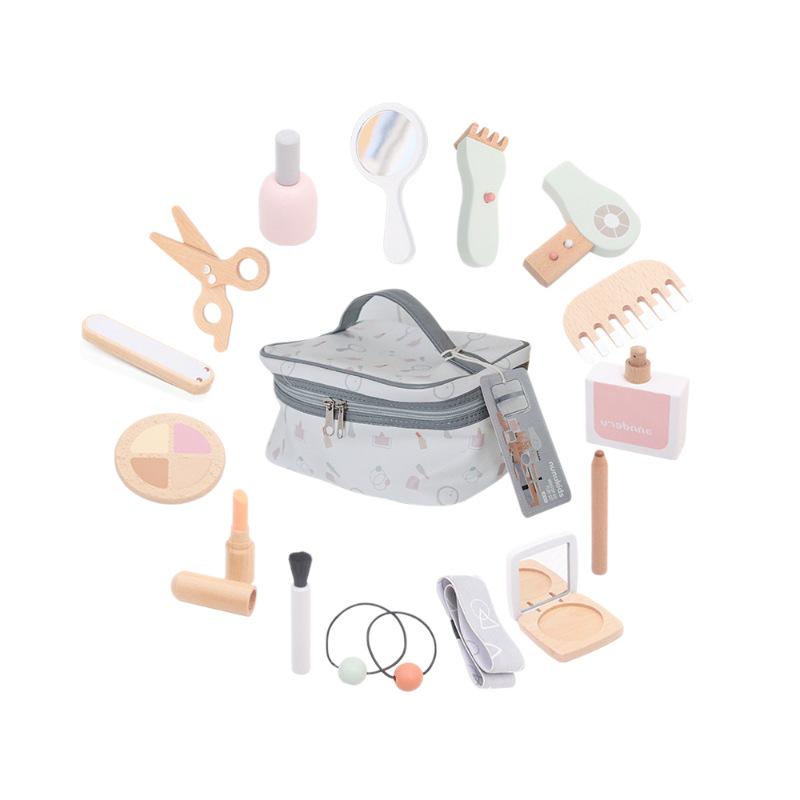 Korean Style Wooden Makeup Play Set: Pretend Eyeshadow, Powder, Lipstick, Perfume, Hair Accessories.