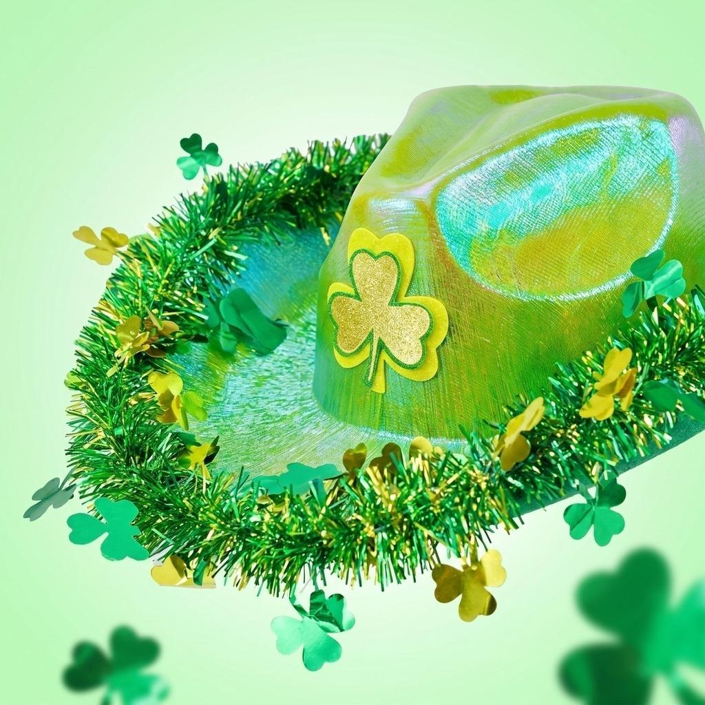 St. Patrick's Day Hat with Green Leaves and Ribbon Trim