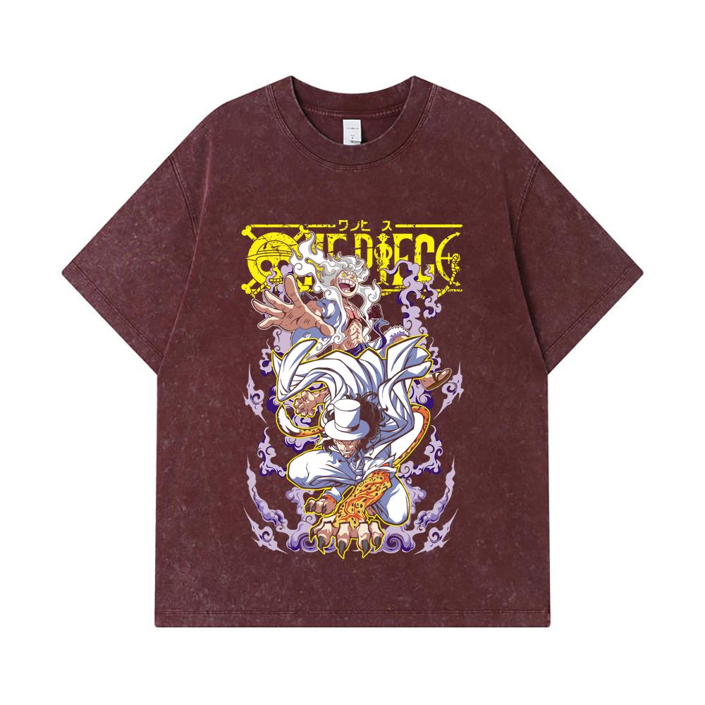 275 GSM Washed T-shirts 100% Cotton One Piece V64 Luffy Lucci Print Unisex Heavy Cotton T Shirt