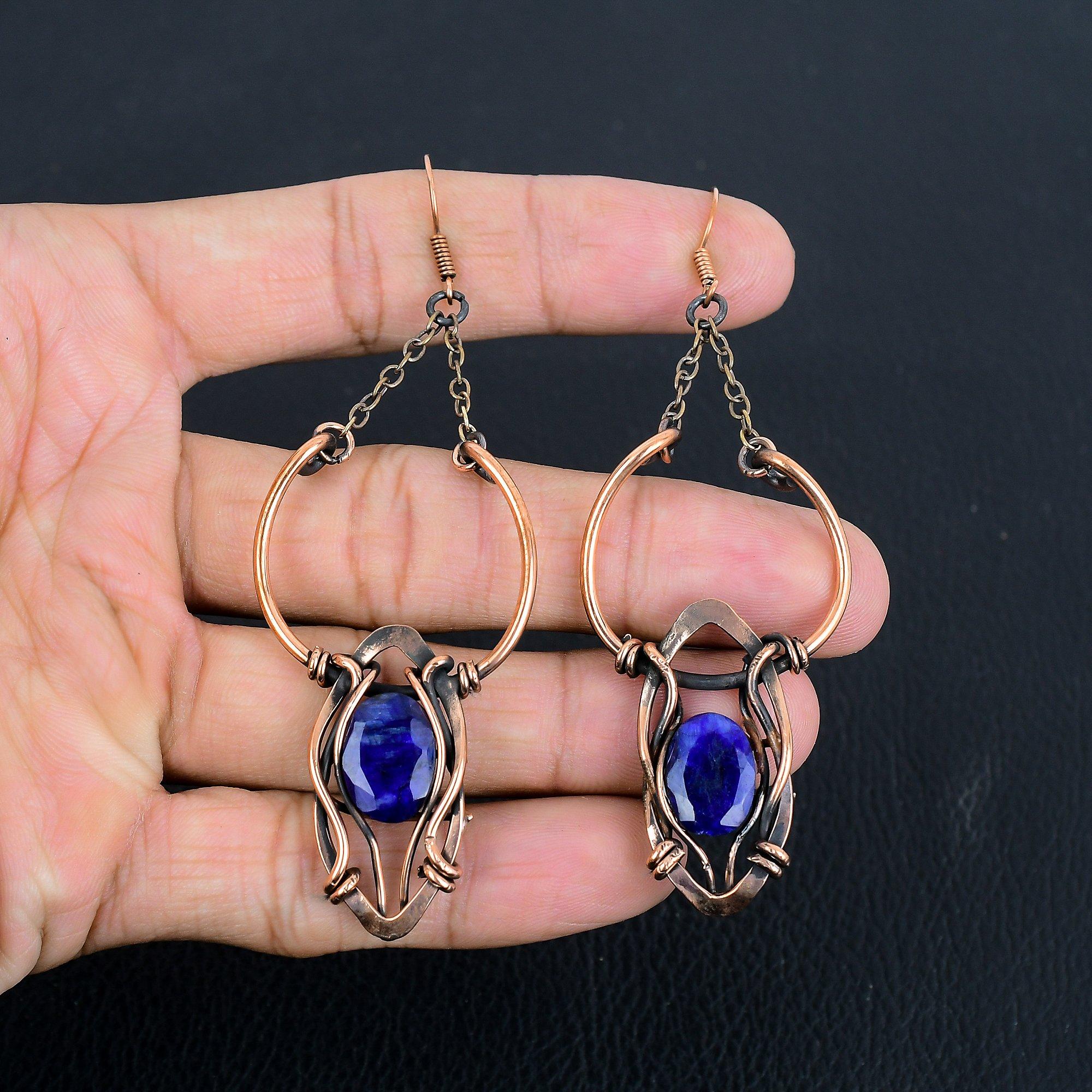 

Серьги с синими сапфирами, Серьги с драгоценными камнями ручной работы, Серьги, обернутые медной проволокой 999 пробы, Антикварные украшения, Для подарка на помолвку 2.55 Inches