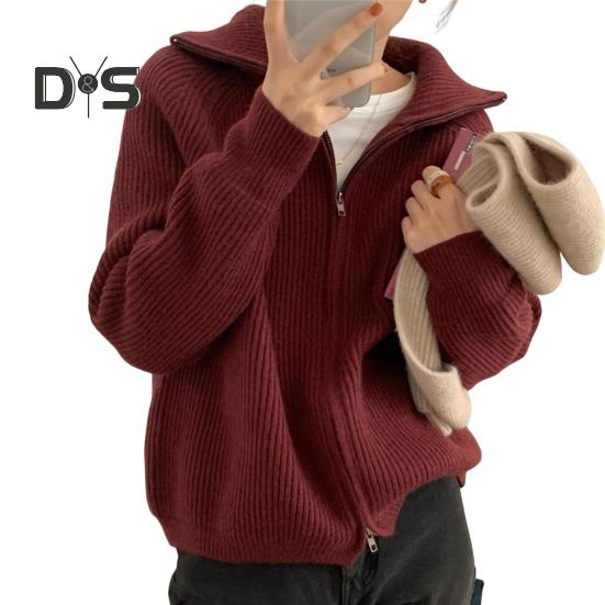 Women Sweater Coat Solid Color Lapel Long Sleeve Double Zipper Fly Design Knitting Coat Casual Commuting Style Outwear