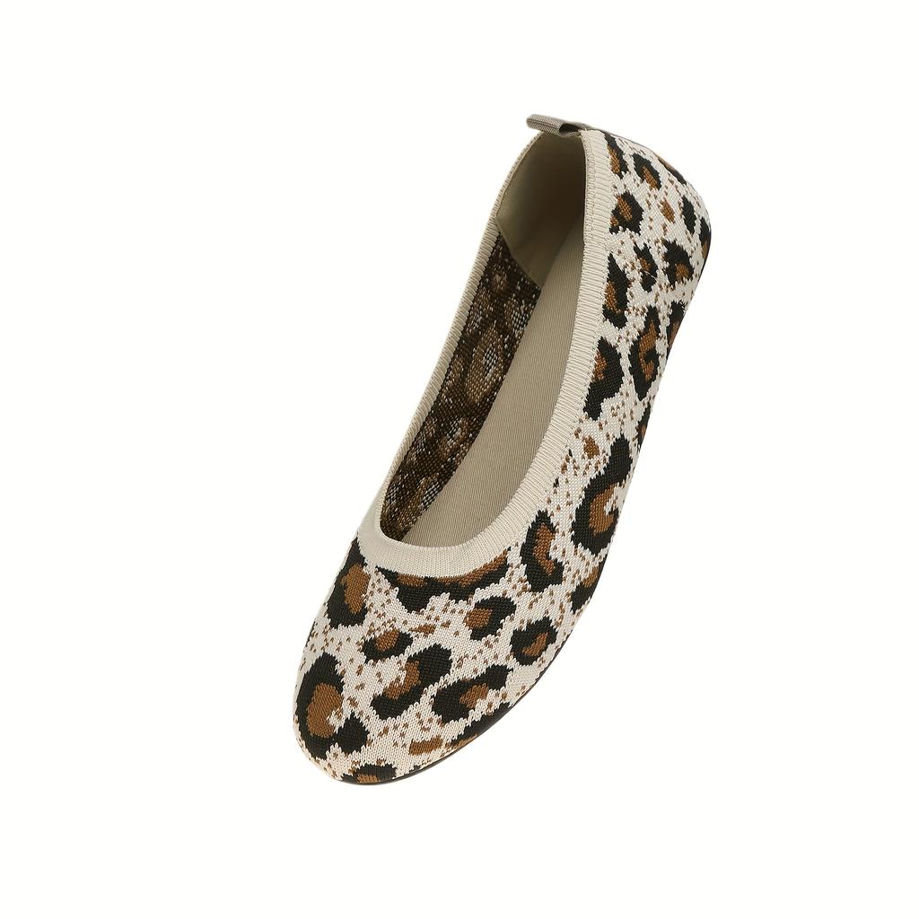 Women's Leopard Print Knit Ballet Flats - Comfortable Slip-On Shoes with Soft Fabric Interior and TPR Sole, Ideal for All Seasons