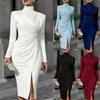 Hoge hals, Geplooid, Lange mouwen, Nauwsluitend, Bodycon Jurk met Een Split – Een Slankmakende, Elegante Jurk voor Vrouwen