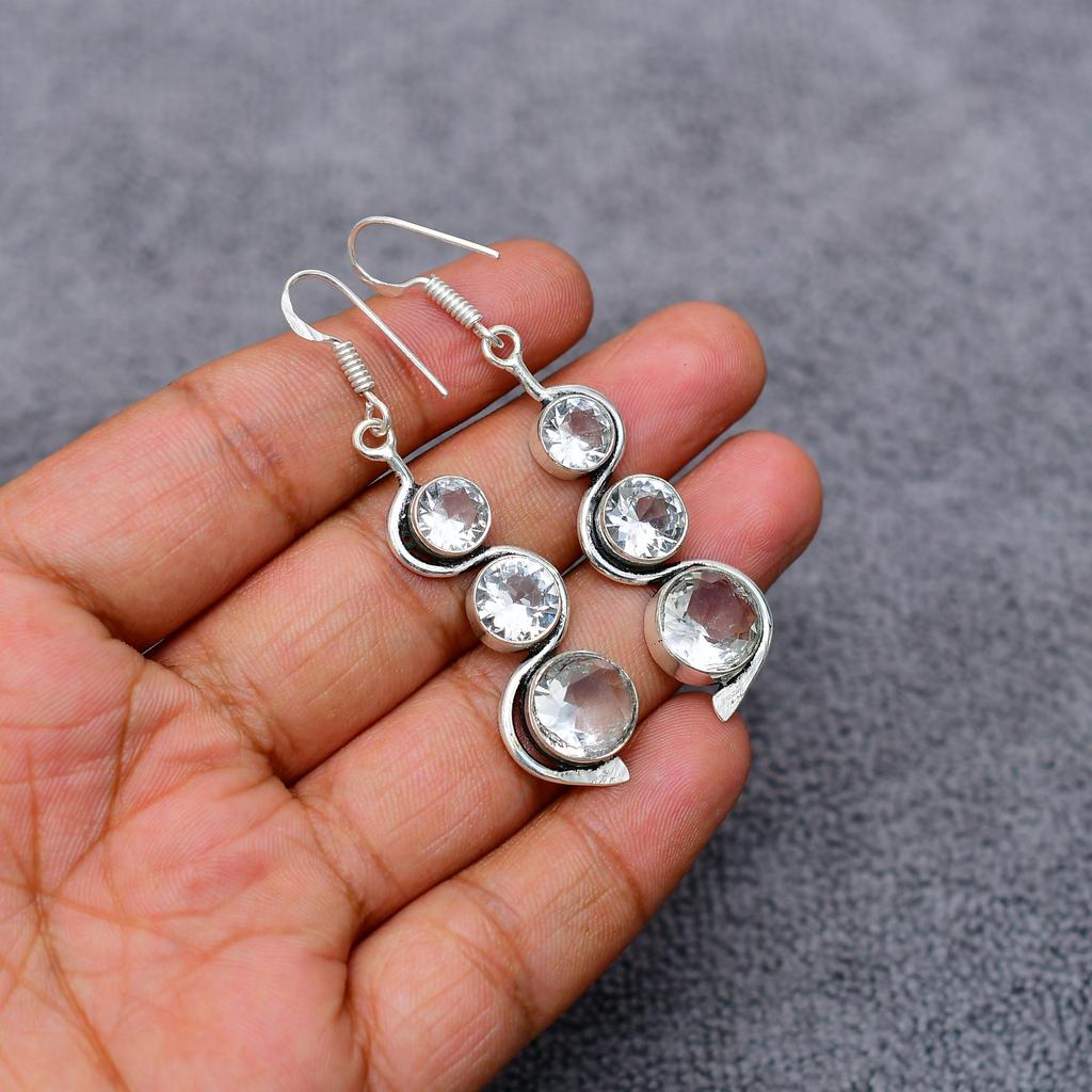 White Topaz Gemstone : 925 Sterling Silver Handmade Long Earring's Jewelry