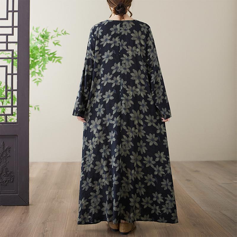 Plus Size Cotton Linen Printed Round Neck Long Sleeve Holiday Dress