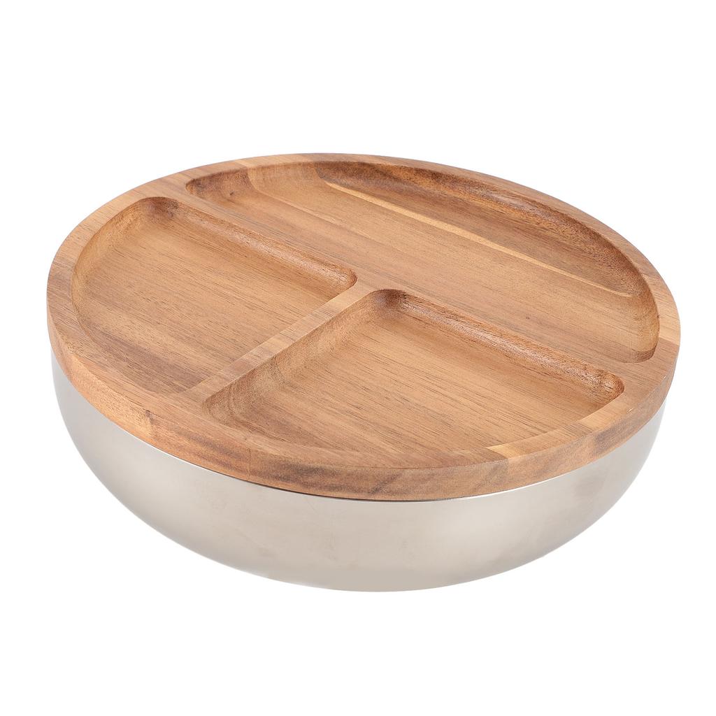 Stainless Steel Salad Bowls with Wood Lids Large Capacity Multifunctional Thickened Round Salad