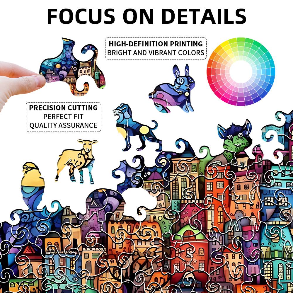 Adult Wooden Puzzle - Colorful Comic City - Unique Irregular Animal Shape Puzzle - Creative Gifts for Teenagers and Adults
