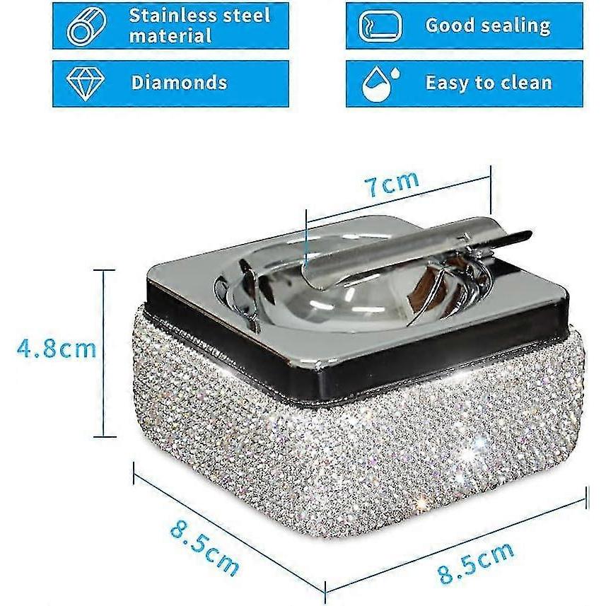Ashtray,stainless Steel Ashtray With Lid Bling Crystal Diamonds,cigarette Ashtray- Silver - DD