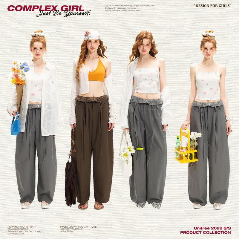 unifree Loose Fit Casual Pants with Flip Waistband