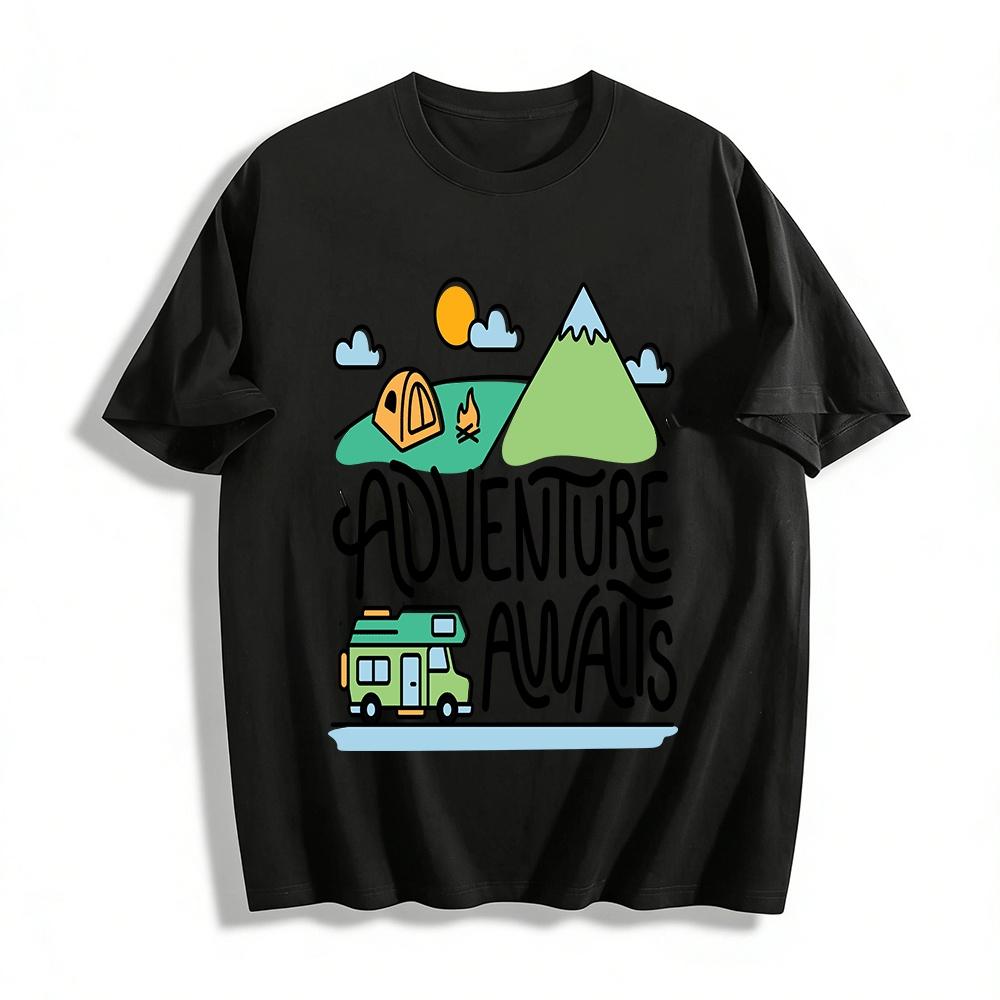 Adventure Awaits Camping Mountain Graphic Casual Tee Pure cotton T-shirt XXS