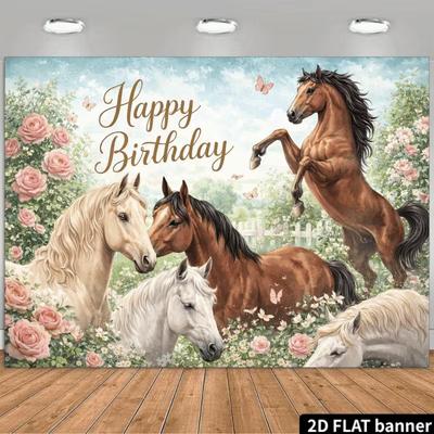 2D Reitgeburtstag Kulisse, Wilde Pferde & Blumen Fotografie Banner