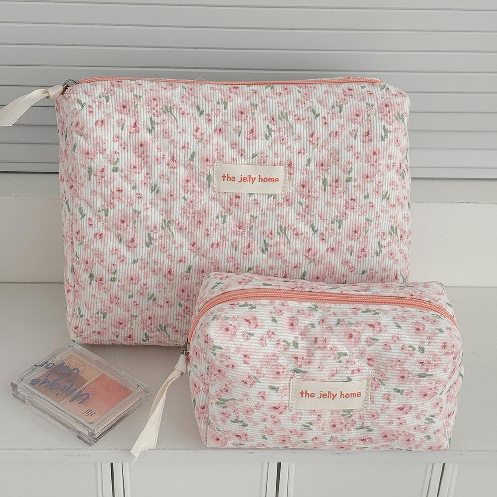 Vintage Pink Floral Women's Cosmetic Bag Large Capacity Toiletry Makeup Storage Pouch Handbag Ladies Zipper Quilted Clutch Bag