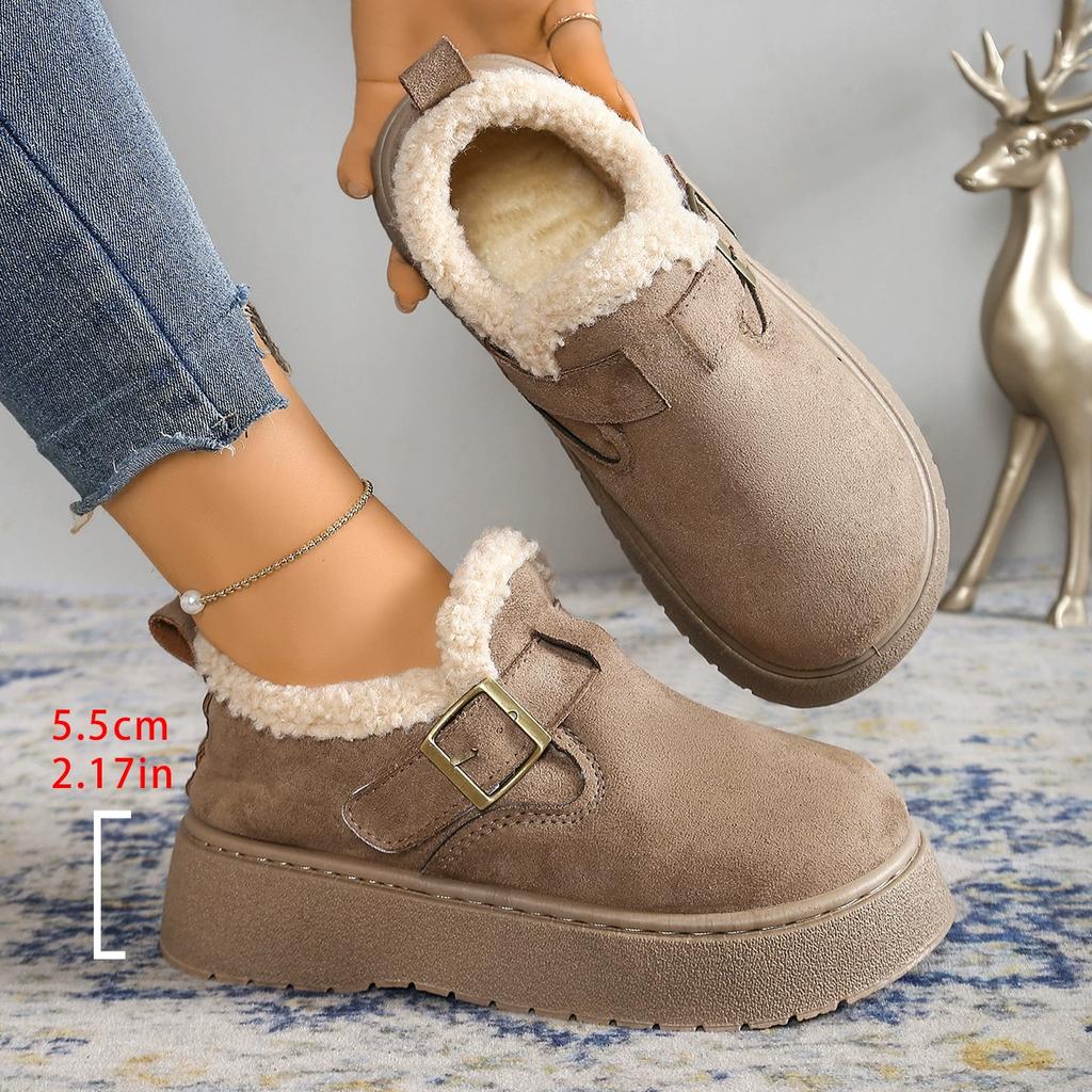 Autumn and Winter Suede Thick-Soled Fleece-Lined Ankle Boots with Metal Buckle Decoration Warm Snow Boots Retro Casual Height-Increasing Women's Shoes