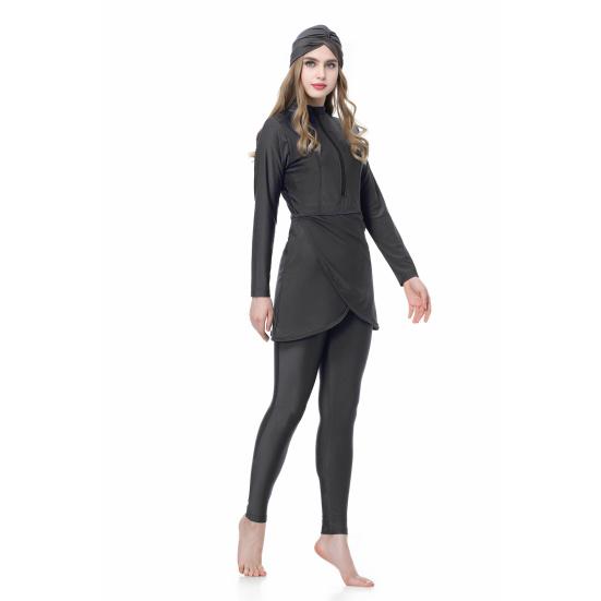 Conjunto de 3 Peças/Conjunto Feminino Maiô Dividido Saia Frontal Fechamento Seguro com Zíper Proteção UV Tops Calças Compridas para Natação Conjunto com Lenço de Cabeça