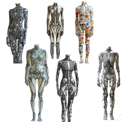 Halloween Skelett Druck Cosplay Jumpsuit Bodysuit Damen Sexy Morphsuit Karnevalsparty Bühnenauftritt Zentai Anzug Neu Monos Mujer