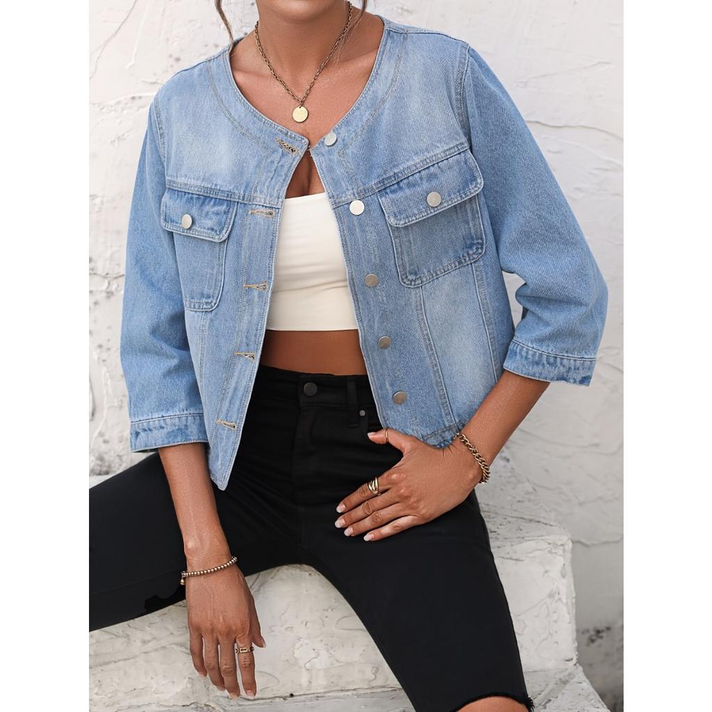 Cowboy Rundhalsjacke mit Knöpfen, Unifarben, Nicht elastisch, Elegant, Trendig, Geeignet für alle Jahreszeiten