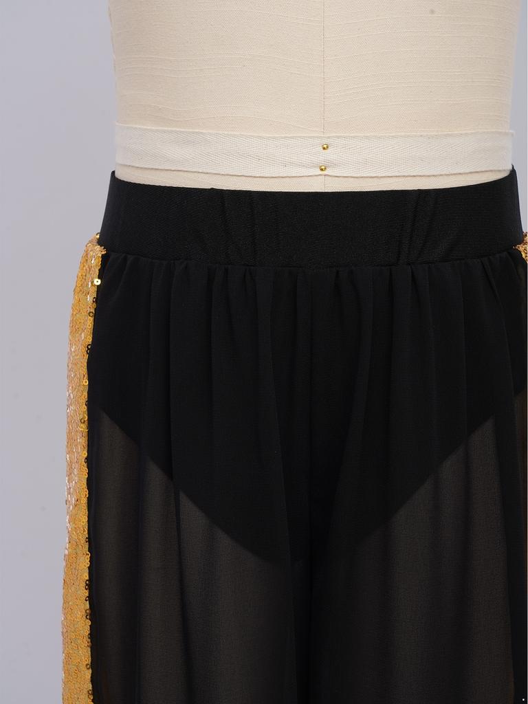 Wedstrijddansbroeken voor meisjes: Elastische Taille Pailletten Patchwork Chiffon Wijde Pijpen Broek voor Lyrische Optredens