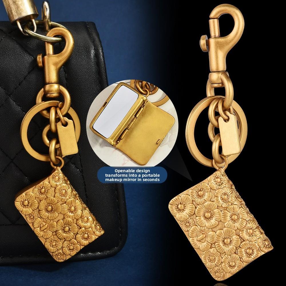 Kitty Vintage Metal Embossed Flower Compact Mirror Keychain For Elegant Bag Decor