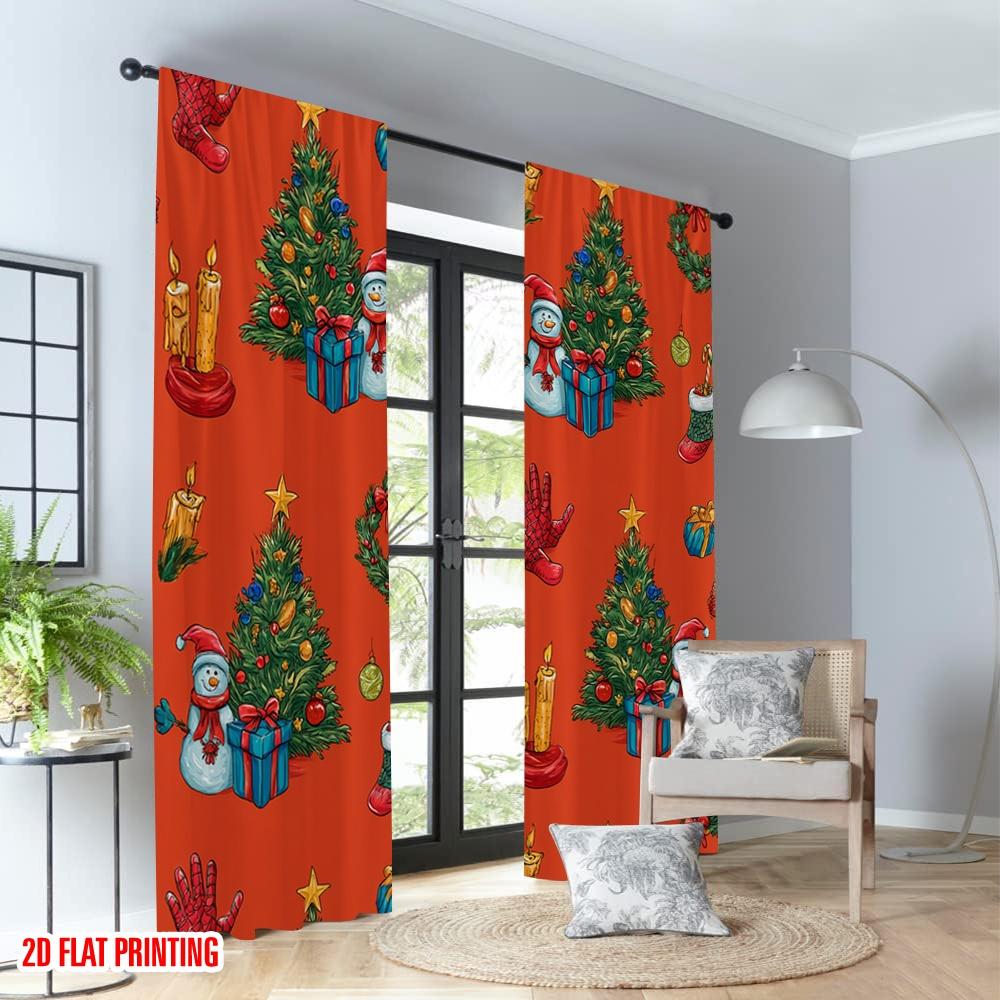 Set Of 2 Flat Printing Christmas Hot Party Curtains Snowman Tree Ornaments Digital Printed Polyester Drapes Festive Curtain