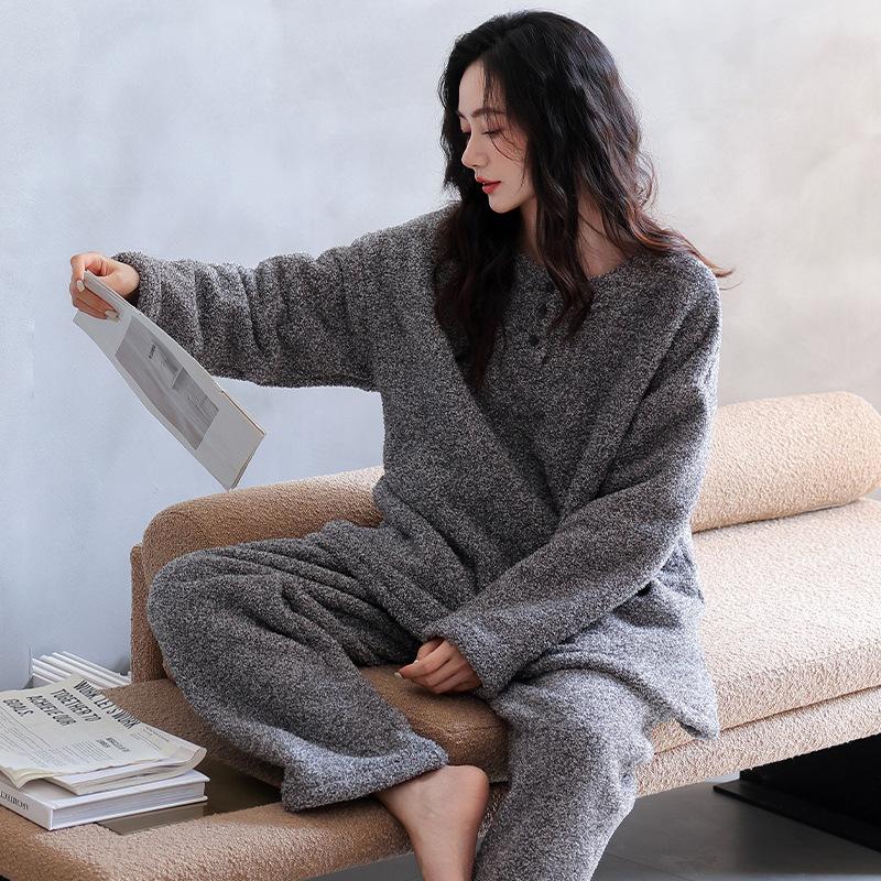 Pyjama Damen Herbst und Winter Halb-Fleece Fleece Verdickt Warm Korallenfleece Loungewear Anzug Winter