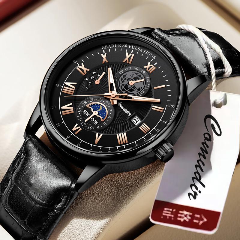 Švýcarské pánské quartzové hodinky s koženým řemínkem - Originální vodotěsné značkové hodinky