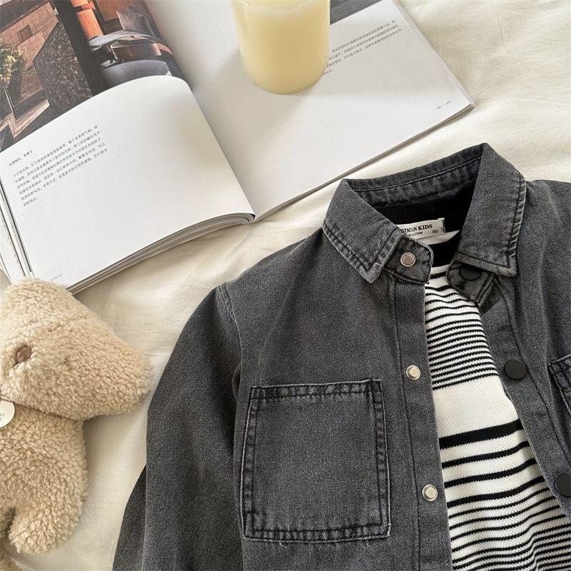 Boys' Spring/Autumn Long-Sleeved Denim Shirt, Medium-Small Size, Solid Color, Stylish Single-Breasted Casual Top