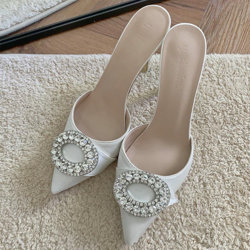 Fashion French High-Heeled Women'S 2025 Satin Rhinestone Toe Cap Slippers With Pointed Tips And Thin Heels, Stylish Small Single Shoes