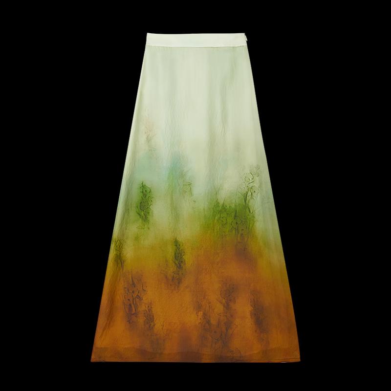 HECO New Chinese Style Ombre Draped Maxi Skirt