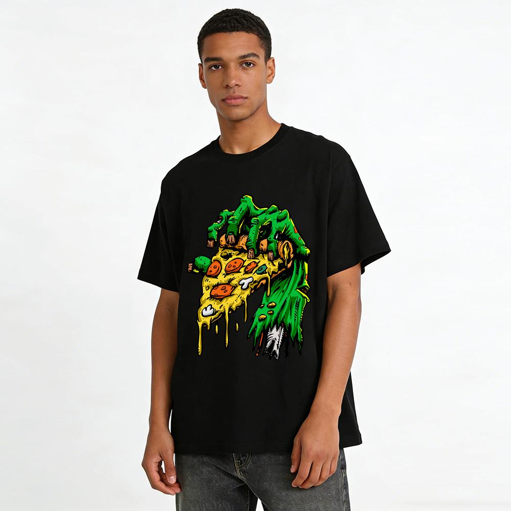 Zombie Hand Grabbing Pizza Graphic Print Short Sleeve T-Shirt Pure cotton T-shirt
