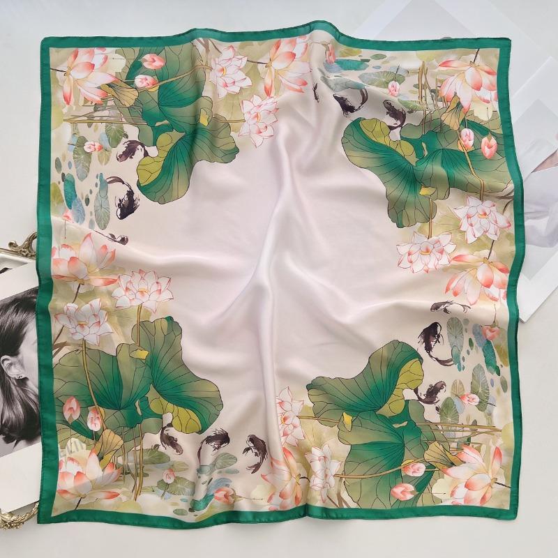 70cm Chinese Style Lotus Printed Scarf Women's Simulated Silk Plant Printed Scarfs Thin and Fashionable Headscarf Shawl Scarf