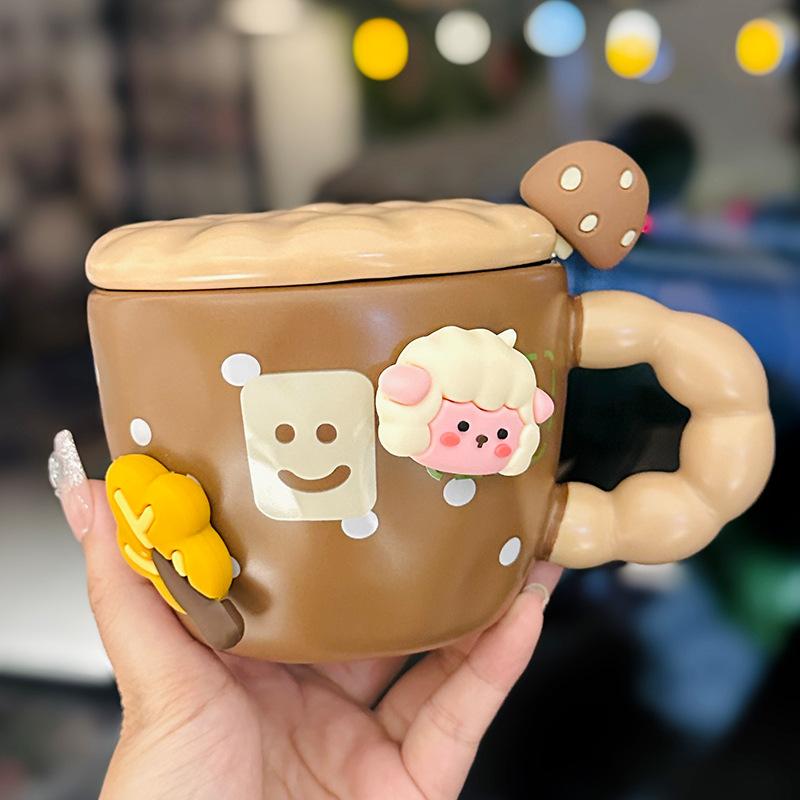 

Cute Ceramic Cartoon Mug with Lid Spoon Creative Little Sheep Magnetic Office Water Cup Coffee Cup 450ml