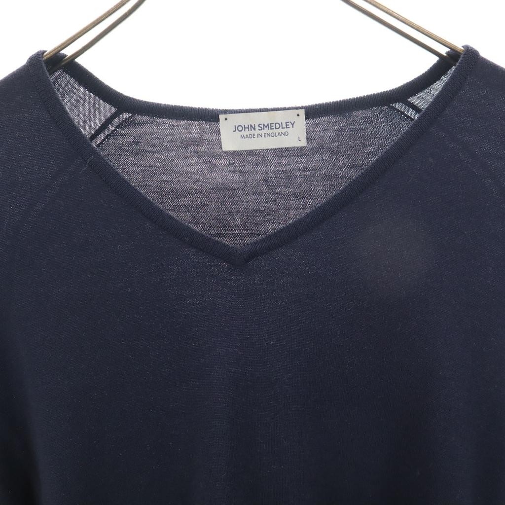 JOHN SMEDLEY Britische Wolle Langarm V-Ausschnitt Pullover L Marineblau Gestrickt Damen Gebraucht