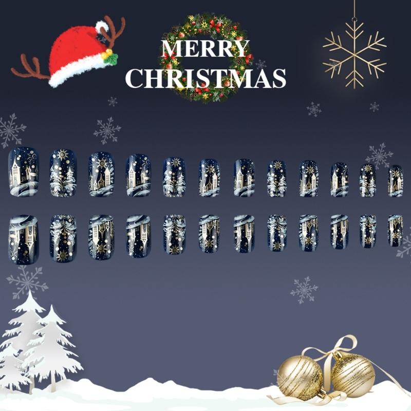 24Pcs Christmas Press on Nails False Nails Snowflake Designs Stick on Nails Full Cover Acrylic Nails for Women Nails Art