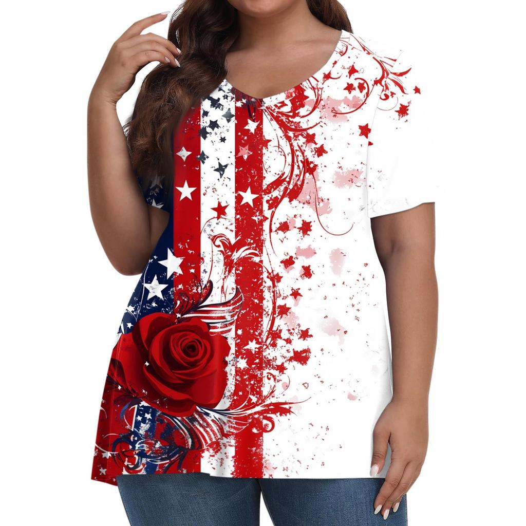 Damenmode Lässig V-Ausschnitt Pullover Kurzarm Übergröße Bedrucktes T-Shirt Top